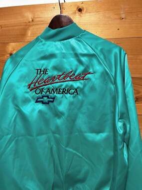 Vintage 80s West Ark Chevrolet The Heartbeat of America Teal Satin Jacket L
